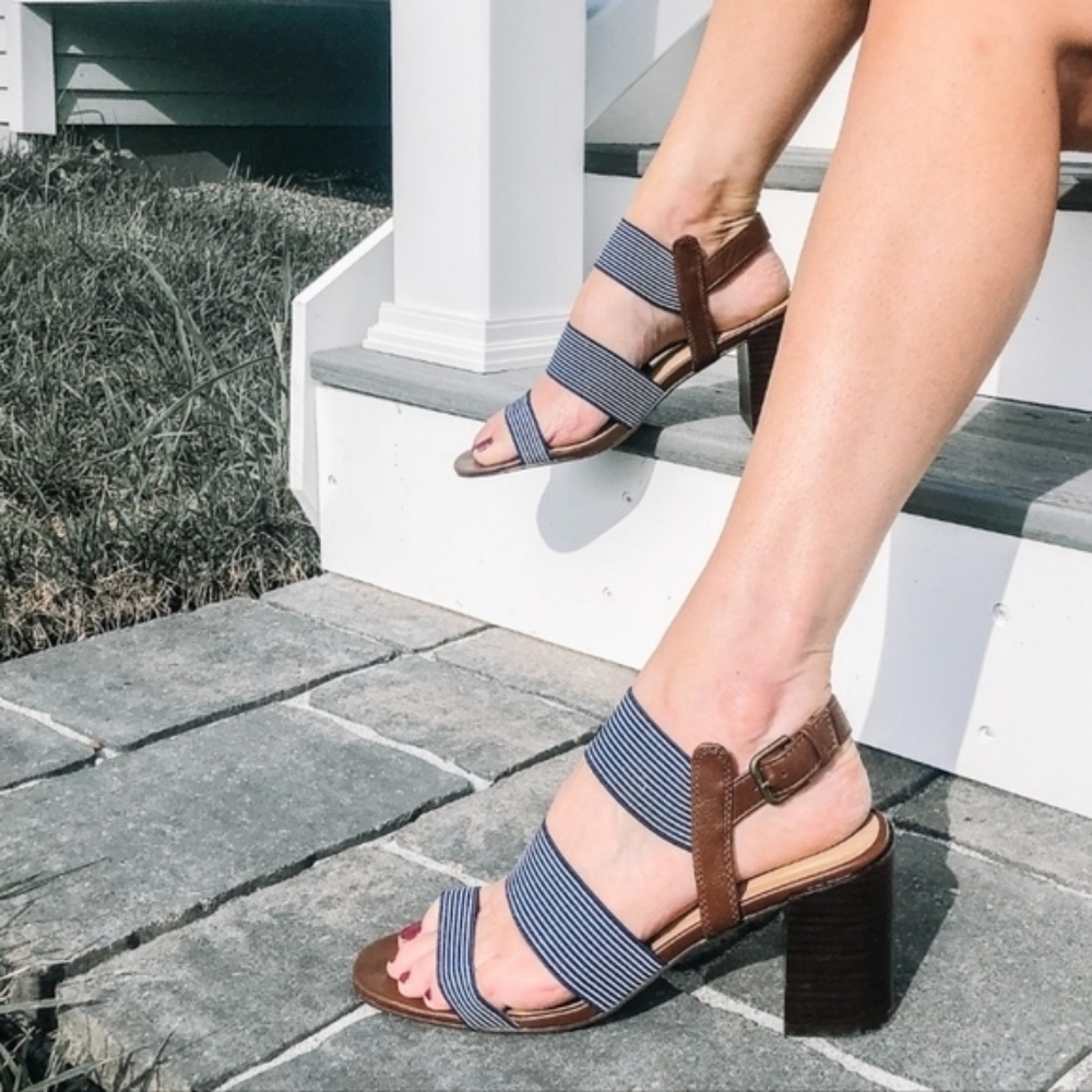 Market & Spruce Blue Striped and Brown Leather Block Heel Sandals